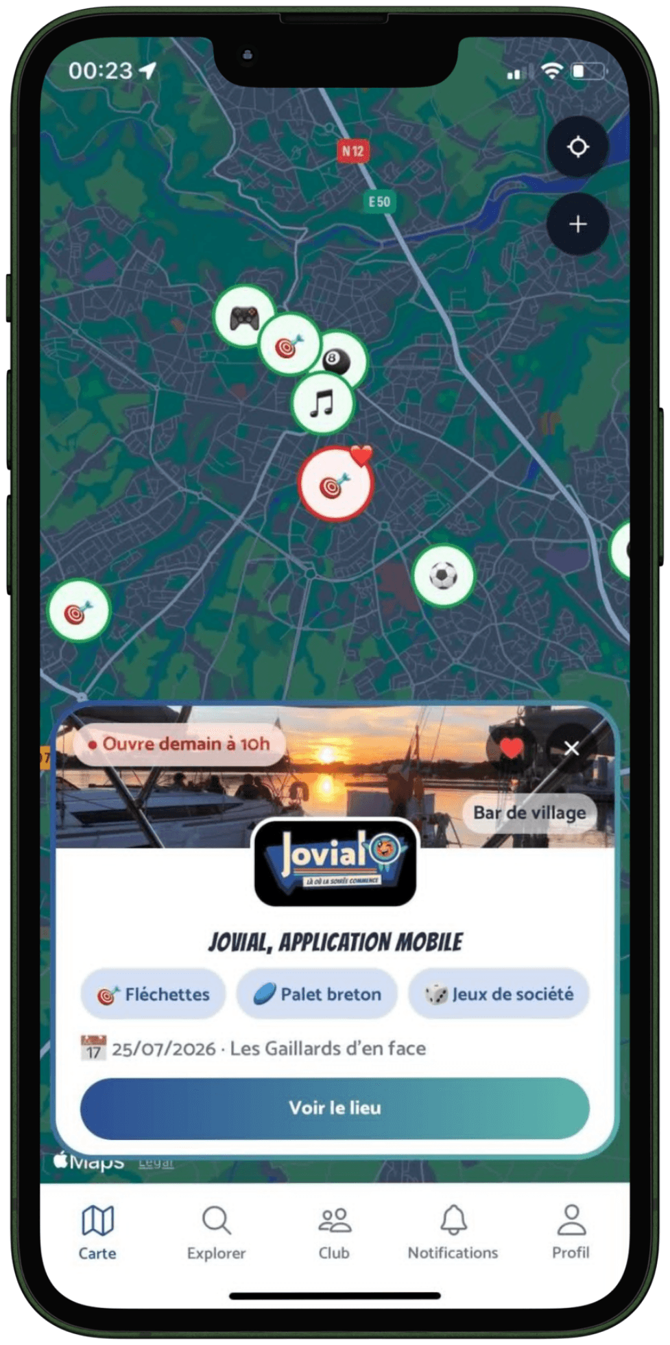 L'app Jovial : carte interactive et fiche établissement